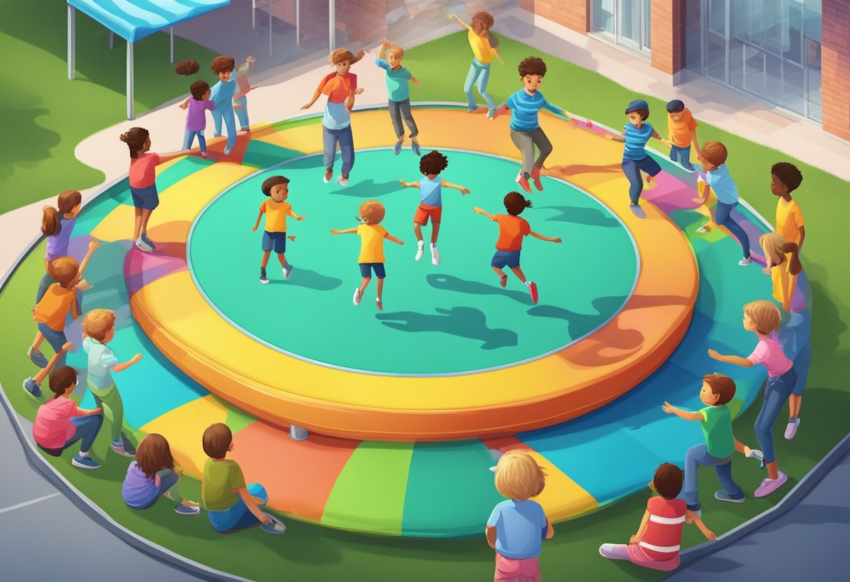 A group of children are gathered around a colorful jumping jumping trampoline in a park, eagerly waiting to take turns and start bouncing