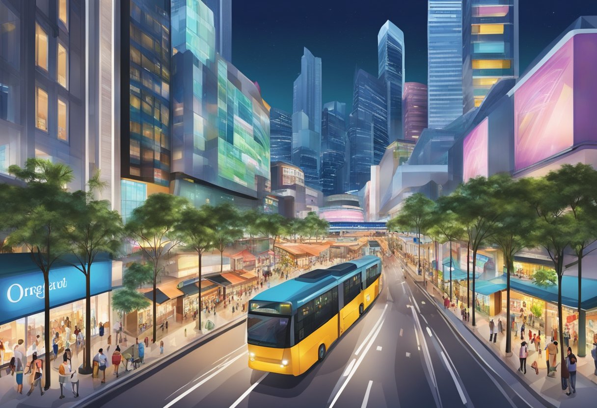 A bustling orchard road with orchard central in Singapore. Bright lights, busy shoppers, and vibrant storefronts create a lively atmosphere