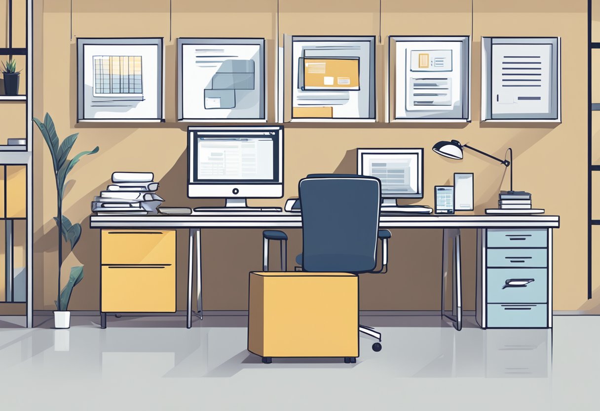 A modern office setting with a computer, phone, and desk, displaying a sign reading "Frequently Asked Questions virtual office singapore."