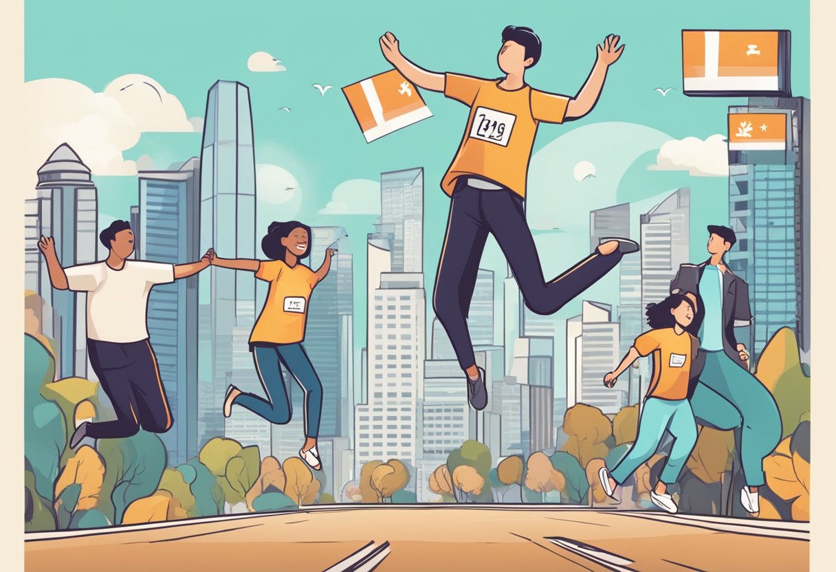People in Singapore jumping, with a "Frequently Asked Questions" sign in the background