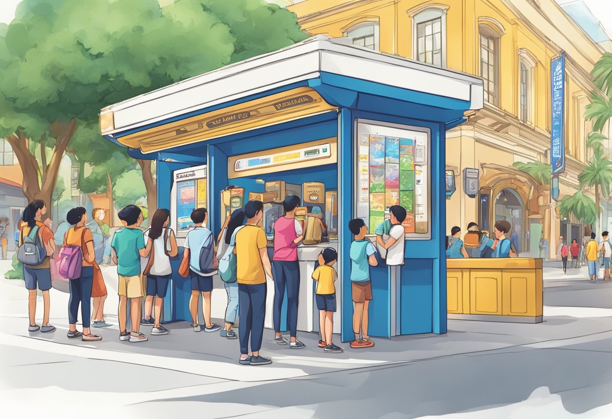 Visitors line up at kiosk, holding tickets. Excited families and friends chat and take photos in front of Universal Studios Singapore entrance