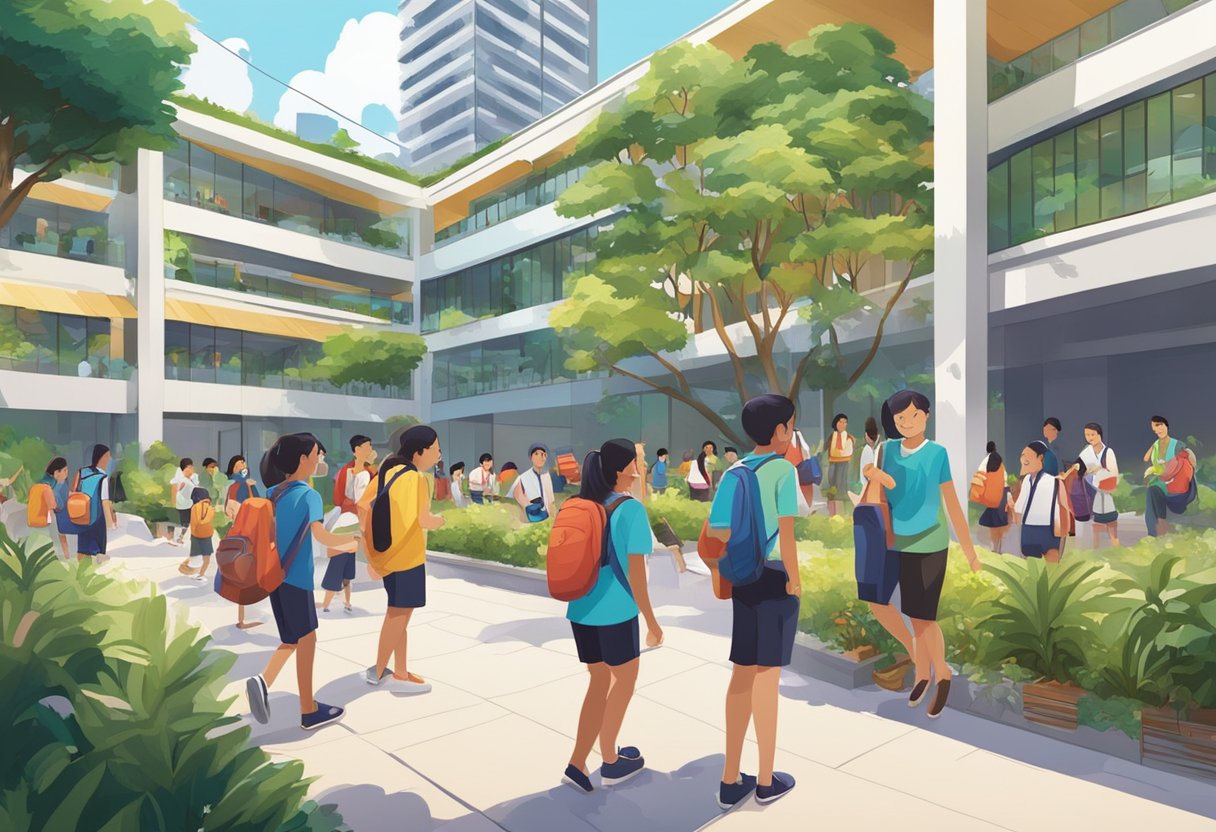 Students gather in a bustling school courtyard, surrounded by modern buildings and lush greenery. The sound of laughter and chatter fills the air as they engage in various activities, showcasing the vibrant and diverse community of Singapore