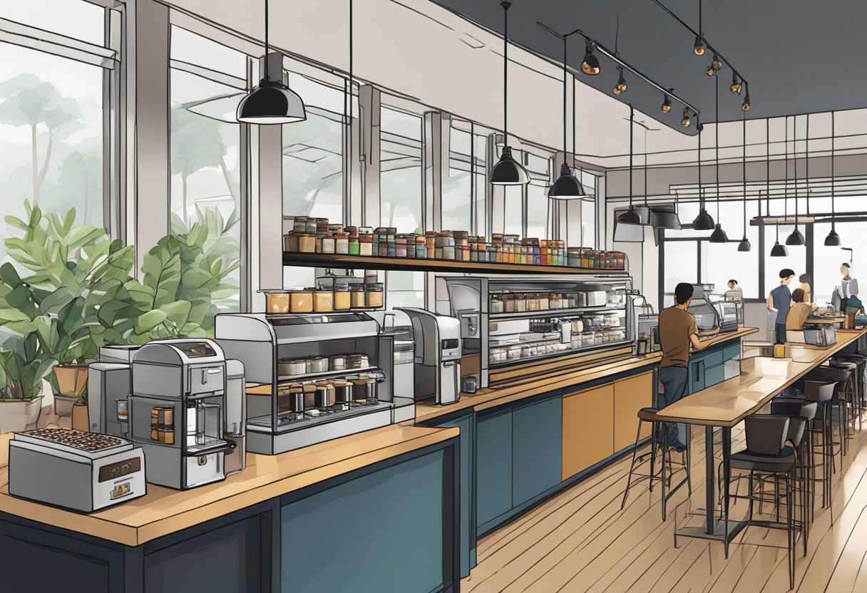 A bustling café in Singapore, with sleek modern furniture, a counter lined with coffee machines, and shelves displaying various coffee beans and equipment