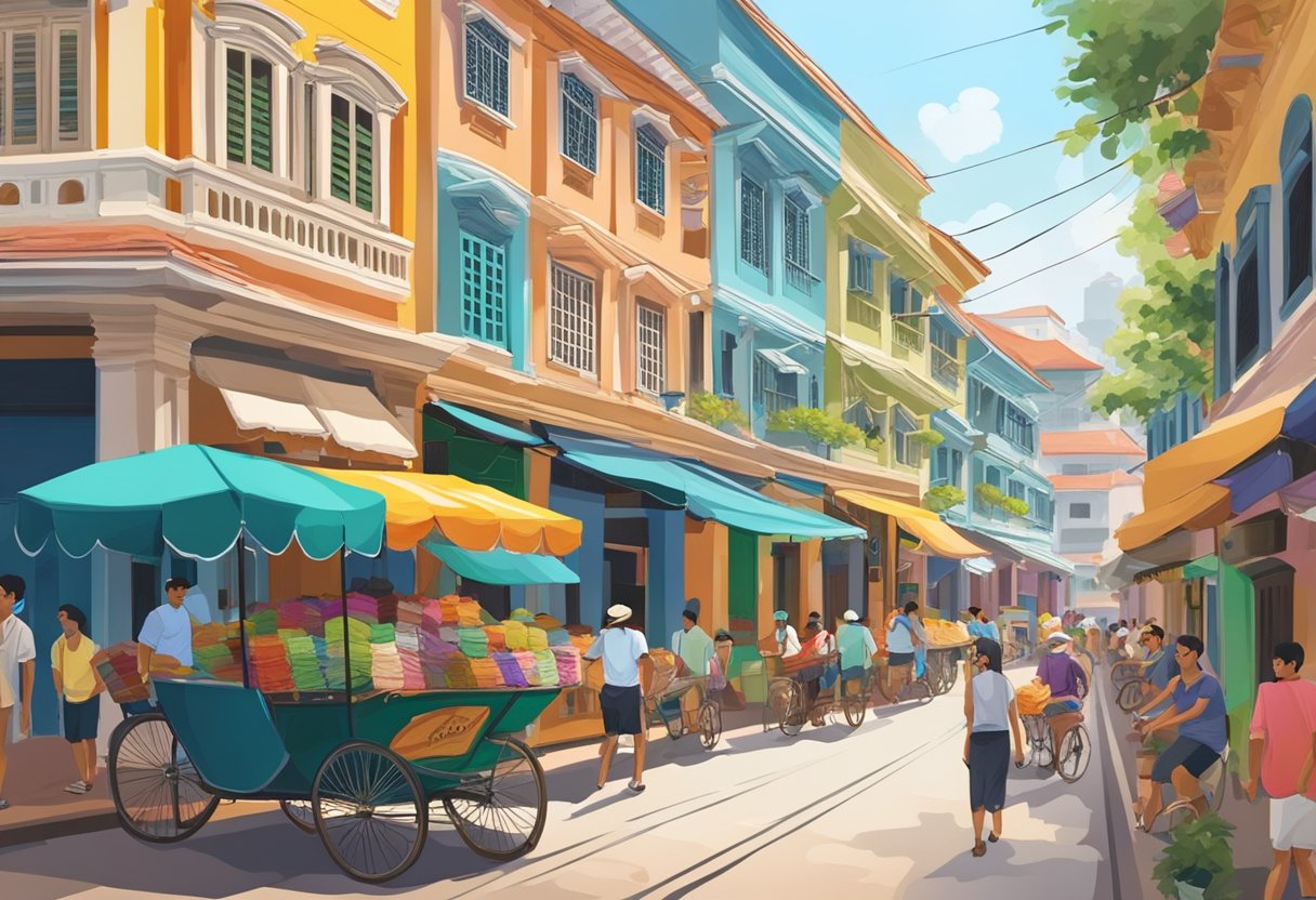 Busy Malacca Street, Singapore. Colorful shophouses line the narrow road, bustling with tourists and locals. Rickshaws weave through the crowd, adding to the vibrant atmosphere