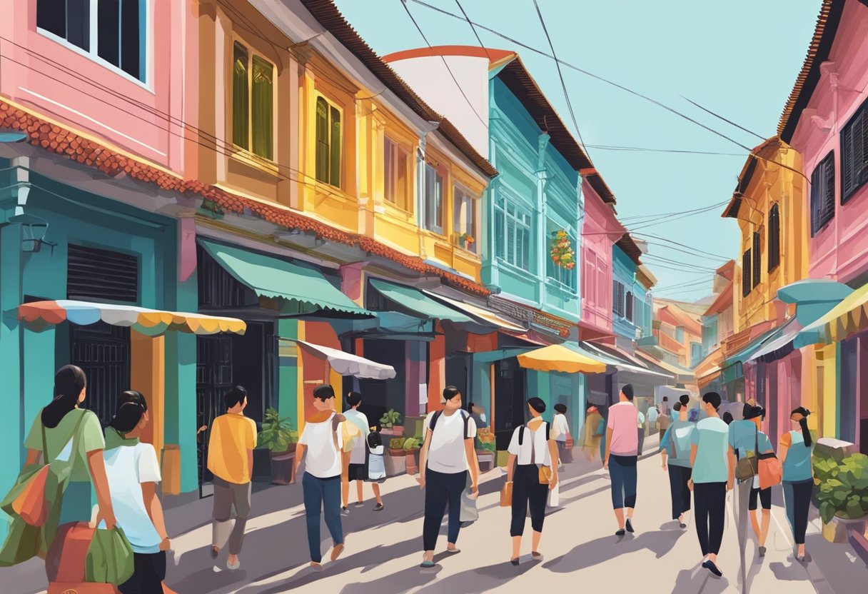 People strolling past colorful shophouses on Malacca Street, with vibrant signage and bustling activity