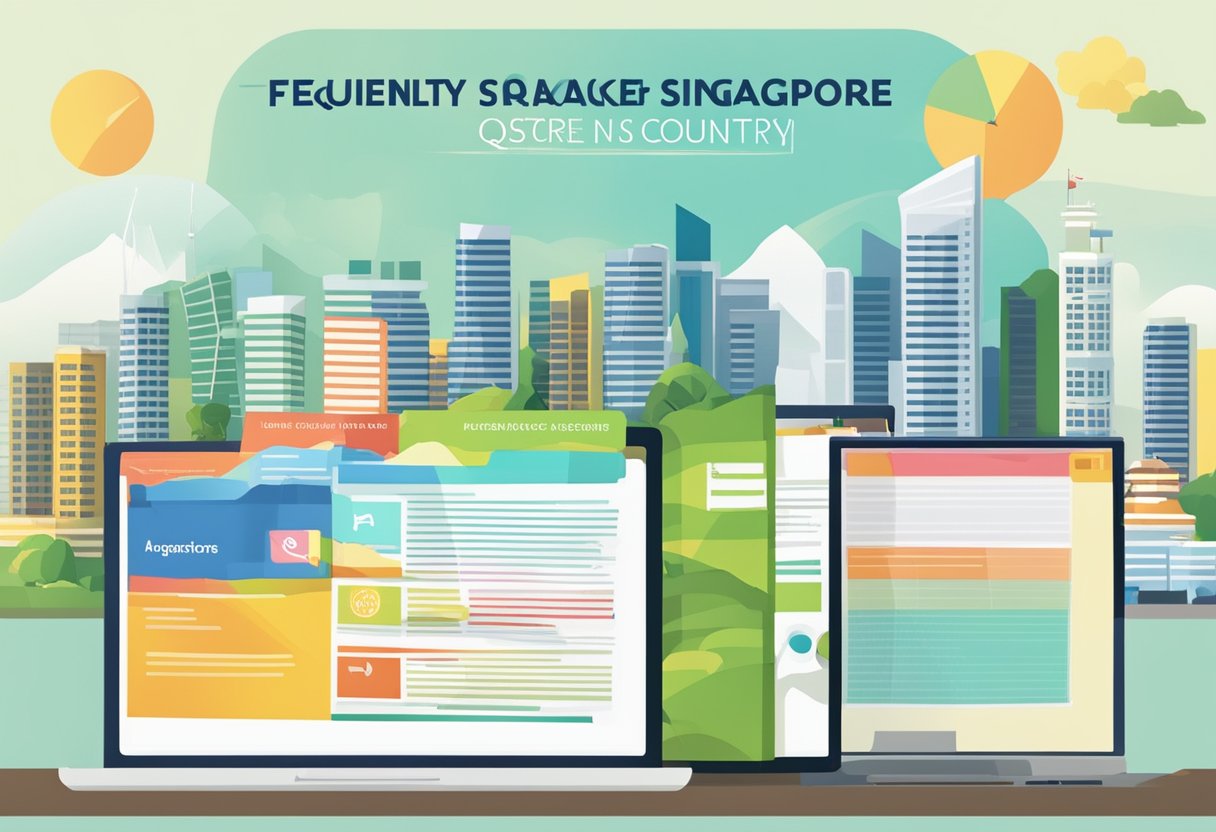 A stack of colorful brochures and a computer screen displaying the words "Frequently Asked Questions of Singapore" with a map of the country in the background