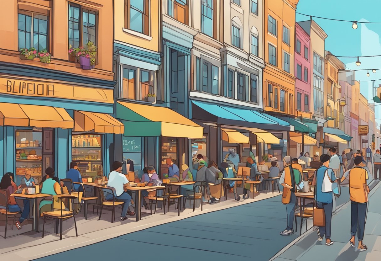 Busy street with shops, restaurants, and people. Sidewalks lined with vendors and outdoor seating. Bright lights and colorful signs