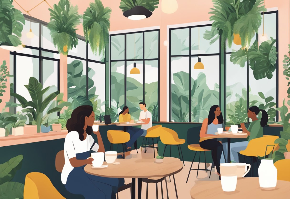 Customers enjoying Louisa Coffee's cozy ambiance, sipping on freshly brewed drinks surrounded by modern decor and vibrant greenery