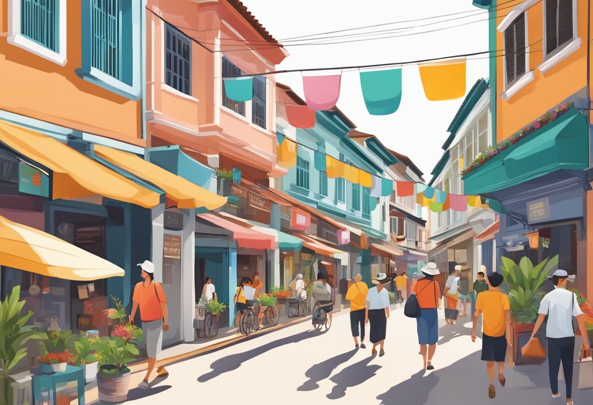 A bustling street in Malacca, Singapore with colorful shopfronts and a mix of locals and tourists