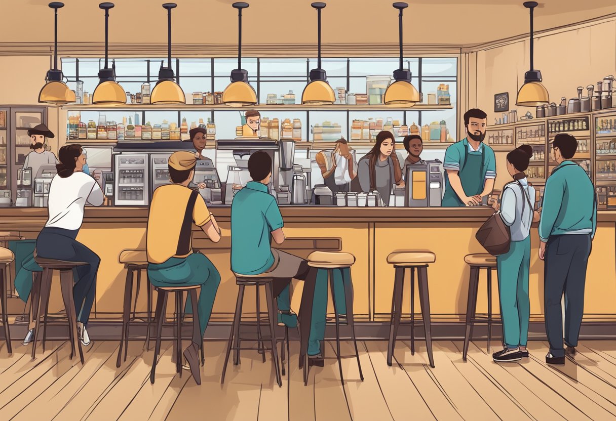 A bustling coffee shop with customers lining up at the counter, a menu board displaying various drink options, and staff members busy at work behind the counter
