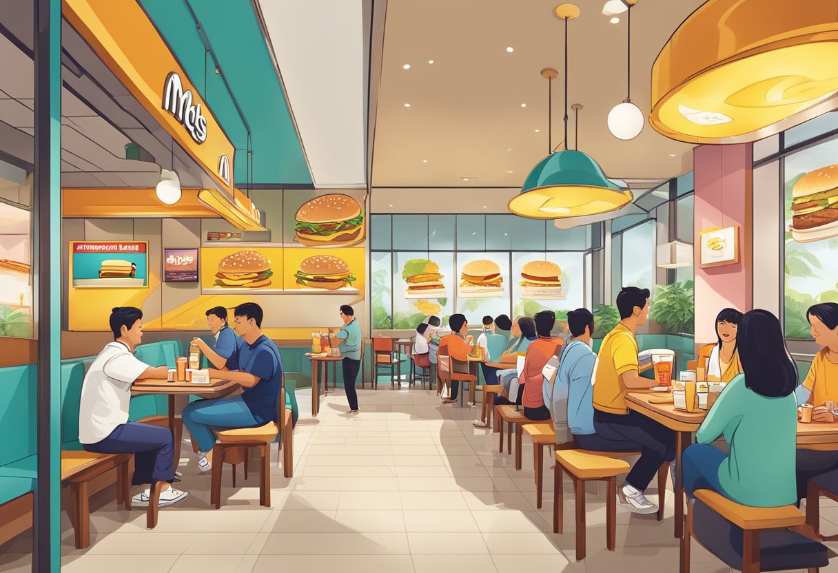Customers enjoying McDonald's breakfast in Singapore, with iconic menu items and vibrant atmosphere