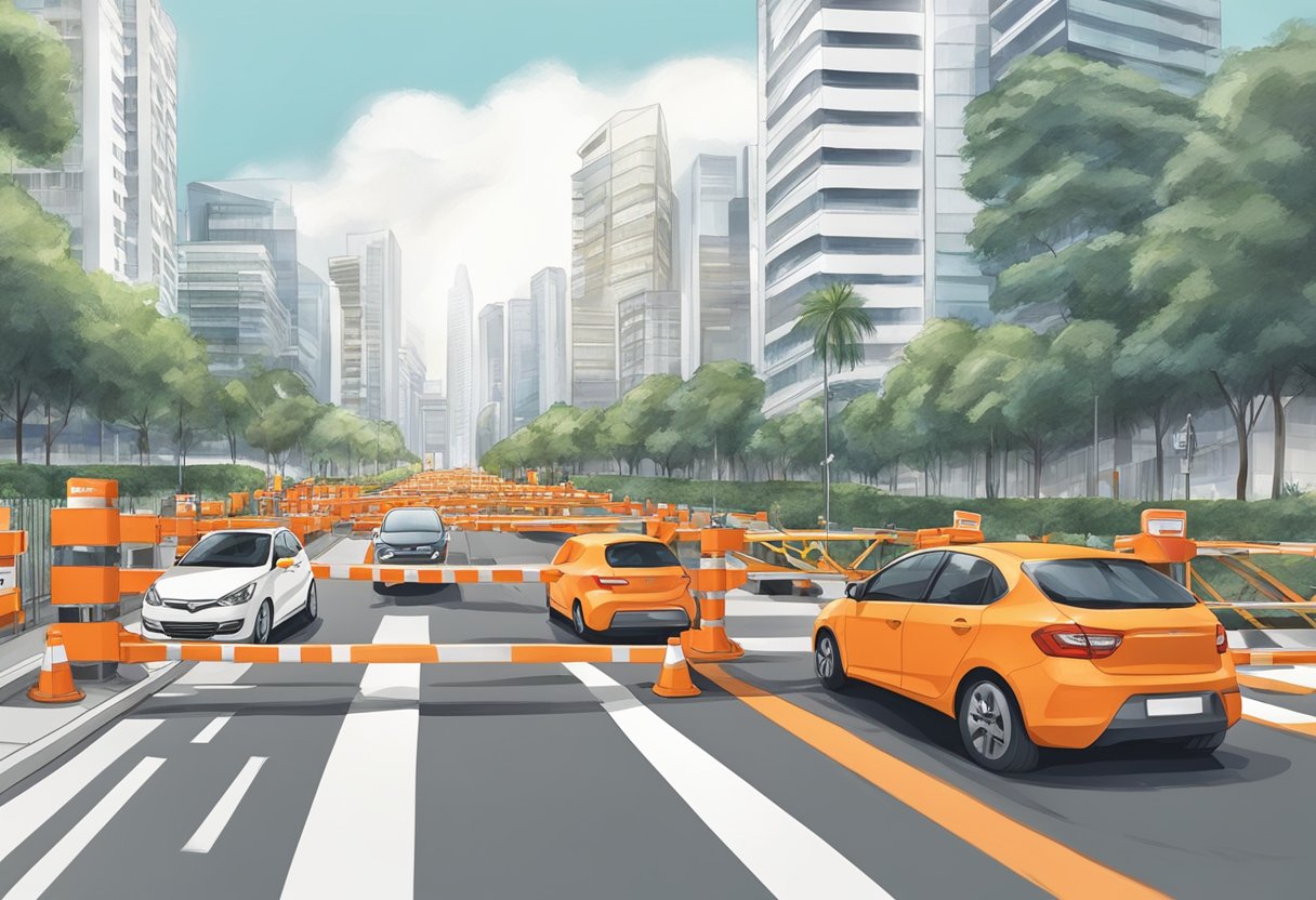 Cars rerouting around orange barriers at a road closure in Singapore
