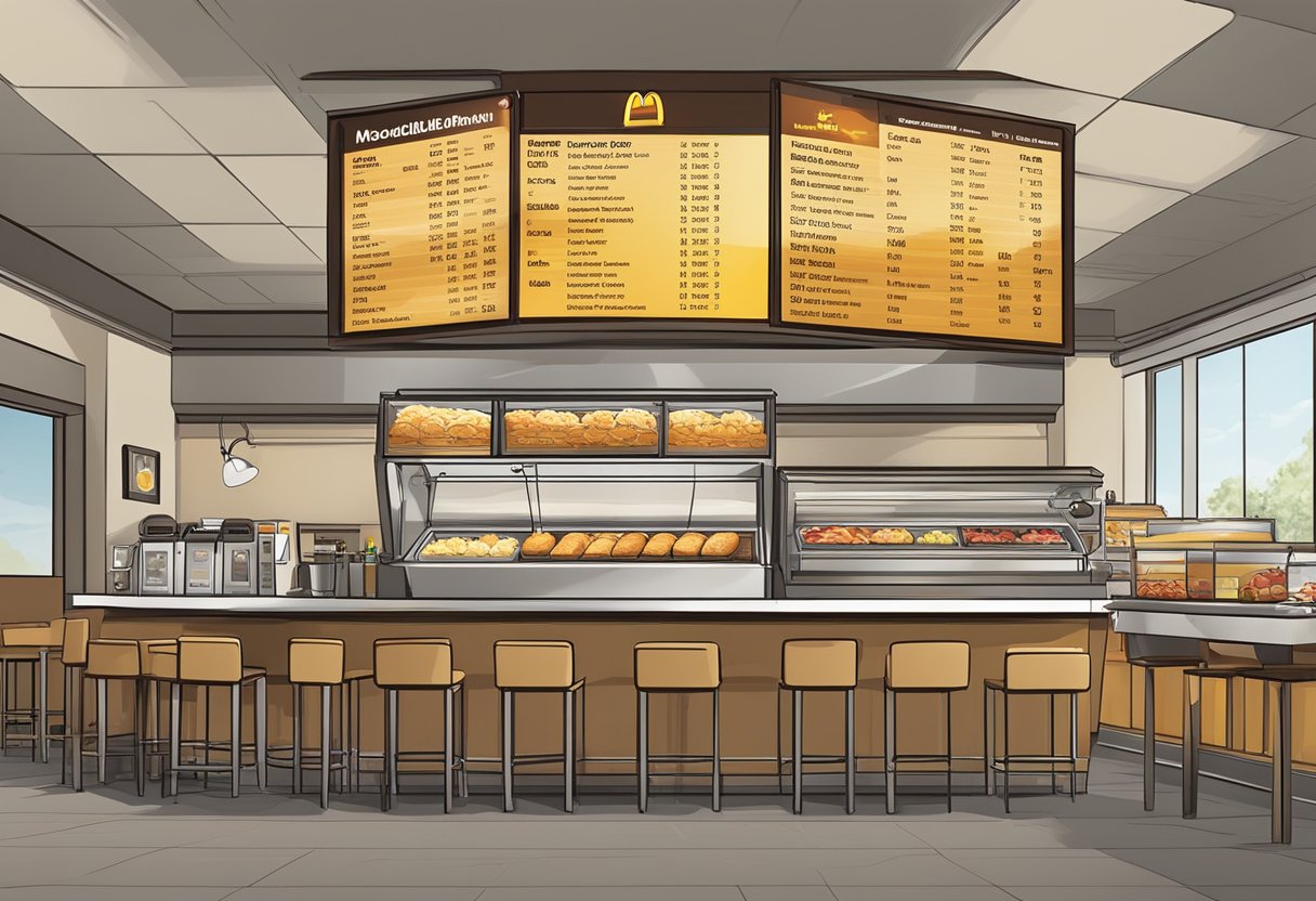 The McDonald's breakfast menu displayed on a digital board with the hours of operation listed underneath. The warm glow of the restaurant's interior adds a welcoming ambiance
