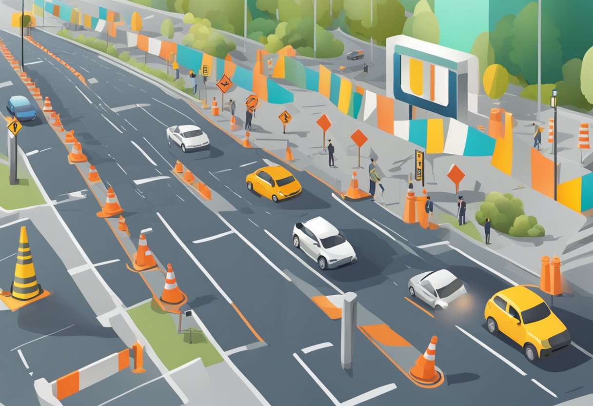 Roads blocked with barriers, detour signs, and traffic cones. Vehicles rerouted, causing congestion and delays. Pedestrians navigating alternative routes