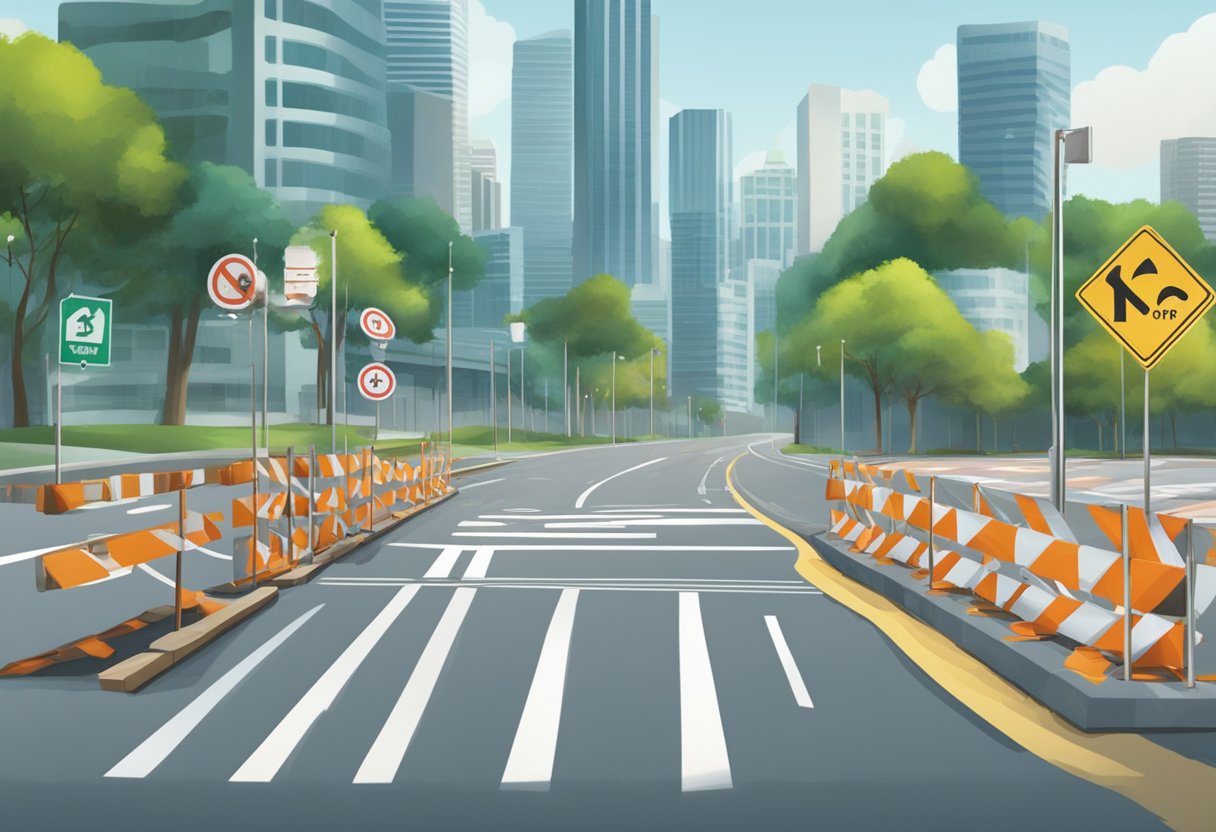 A road in Singapore is blocked off with barriers and signs indicating "Frequently Asked Questions" about the closure