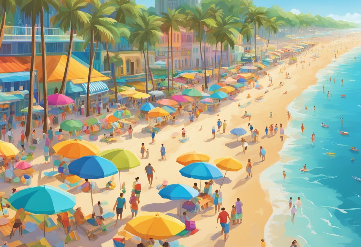 A vibrant beach scene with clear blue waters, palm trees swaying in the breeze, and a bustling boardwalk filled with colorful umbrellas and beachgoers