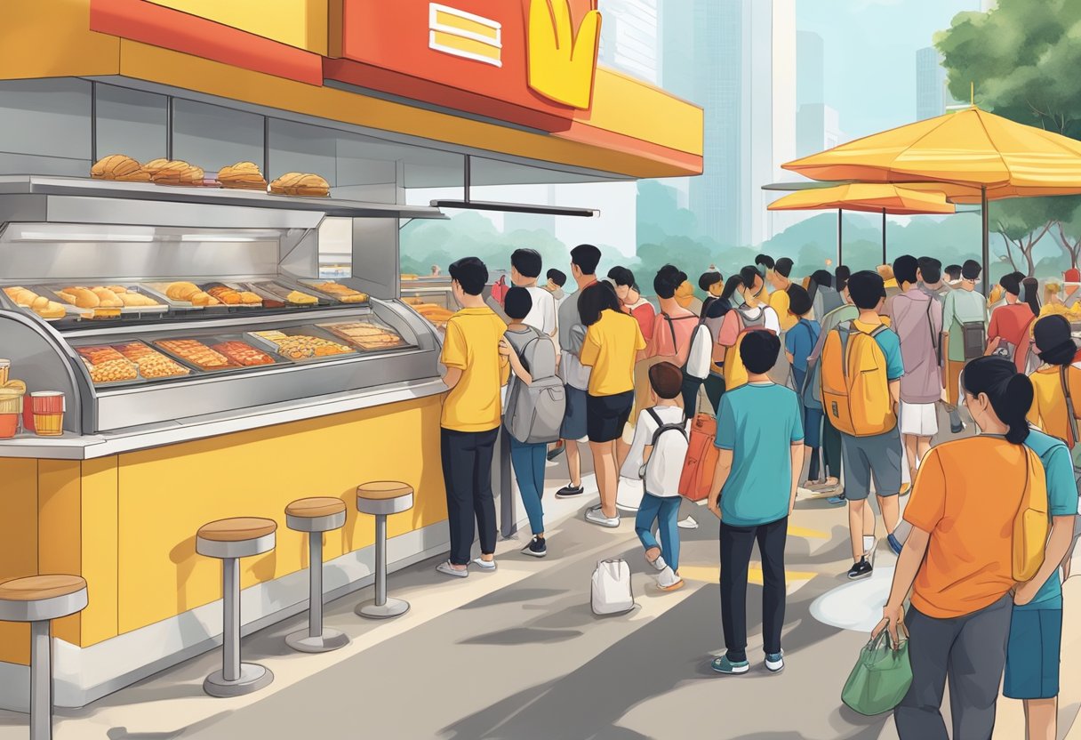 A bustling McDonald's breakfast scene in Singapore, with customers lining up, staff preparing food, and the iconic golden arches prominently displayed