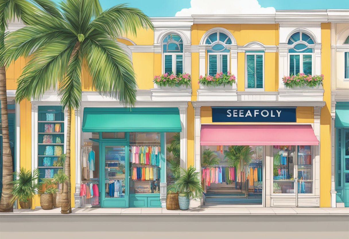 Vibrant storefront of Seafolly in Singapore, with palm trees and beachwear display