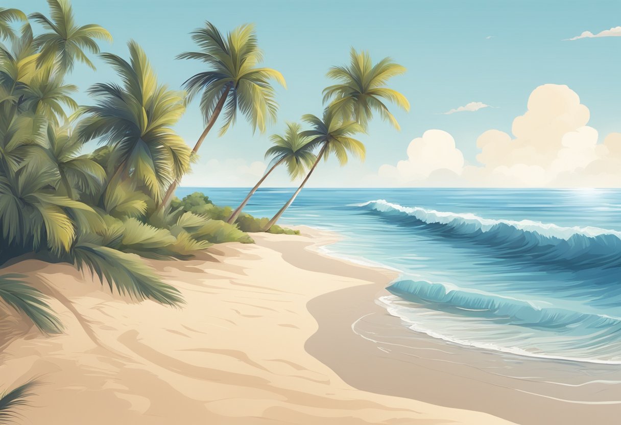 A beach scene with a clear blue sky, palm trees, and a sandy shore with waves gently lapping at the edge