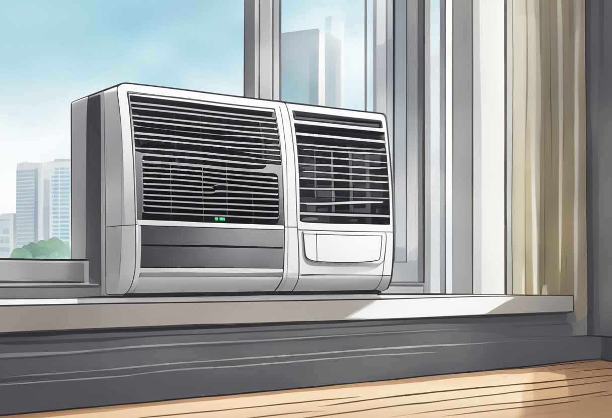 A modern aircon unit sits on a window sill, with sleek design and digital controls. It cools a room in a high-rise Singapore apartment