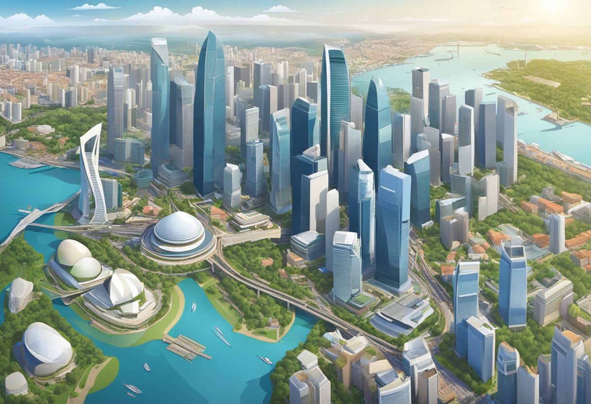 Google Earth view of Singapore's skyline with iconic landmarks and bustling city streets