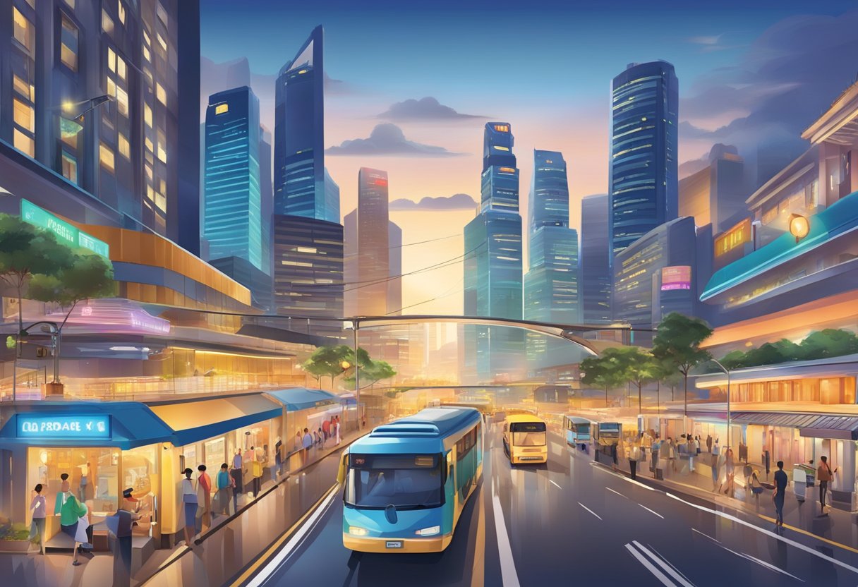 The bustling streets of Singapore with iconic landmarks and vibrant city lights, showcasing the energy and diversity of the city