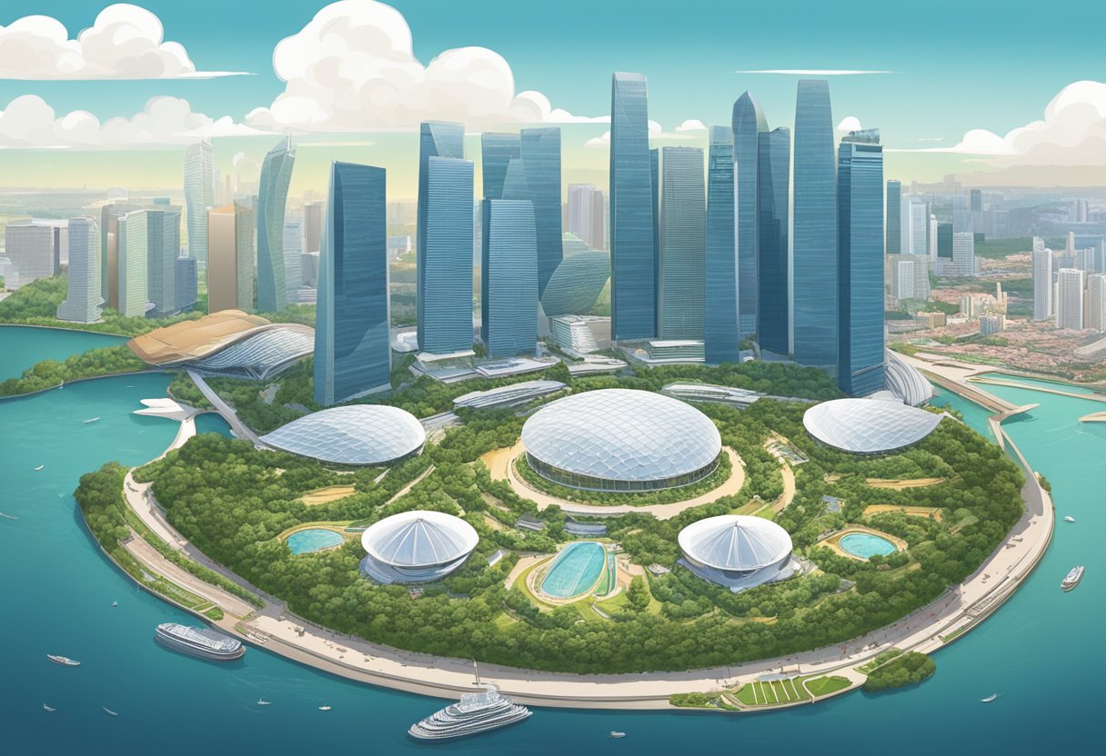 A bird's-eye view of Singapore's iconic skyline and bustling cityscape, with the Marina Bay Sands and Gardens by the Bay prominent in the foreground