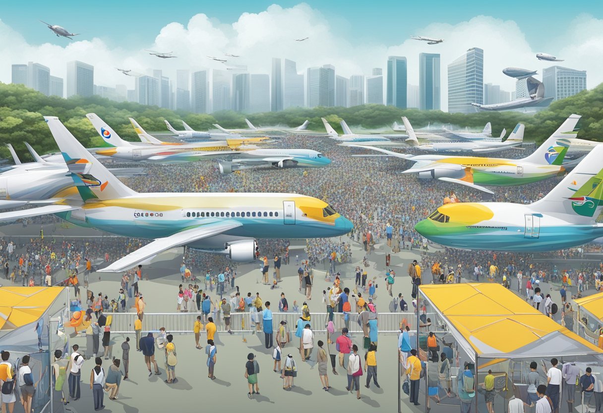 An aerial display of aircraft at the Singapore Aviation Show, with crowds of spectators and vendors in the background