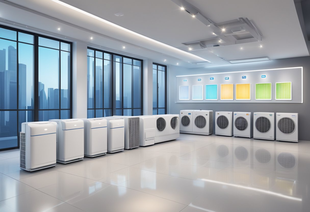 Various aircon brands and products displayed in a modern Singaporean showroom. Bright lights and sleek designs highlight the latest in air conditioning technology
