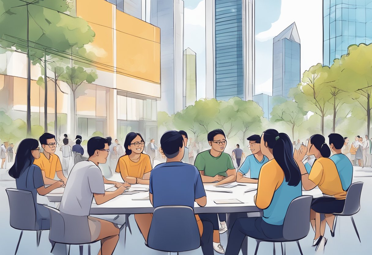 A diverse group of people engaging in discussions and activities related to the news and events in Singapore, with a strong sense of community and connection