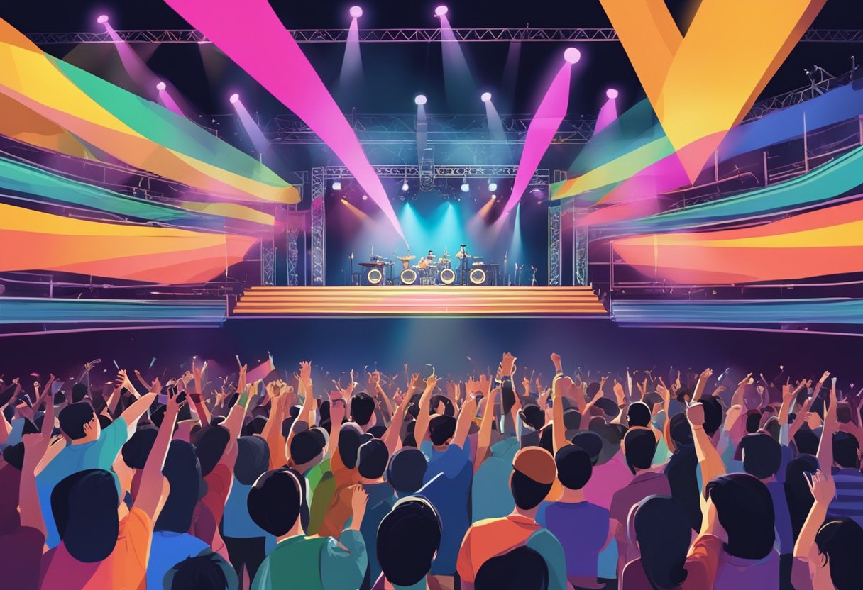 The stage is lit with vibrant colors as the crowd cheers at the Singapore concert. Instruments and microphones are set up, ready for the performance
