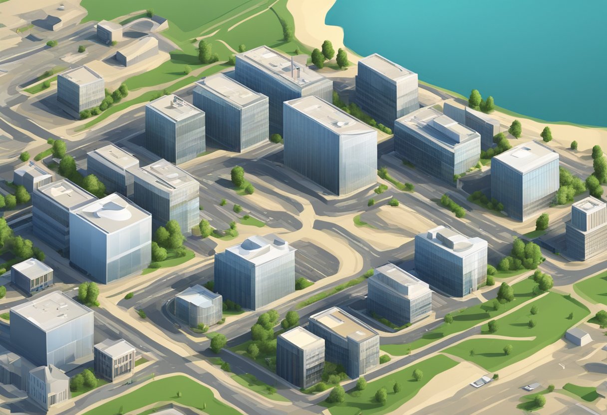 Google Earth features: zoom, tilt, and rotate tools. Search bar, layers panel, and measurement tool. 3D buildings, terrain, and street view