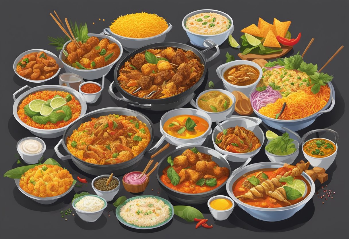 A colorful array of halal dishes fills the buffet tables, from aromatic biryani to sizzling satay skewers, all set against a backdrop of vibrant spices and tantalizing aromas