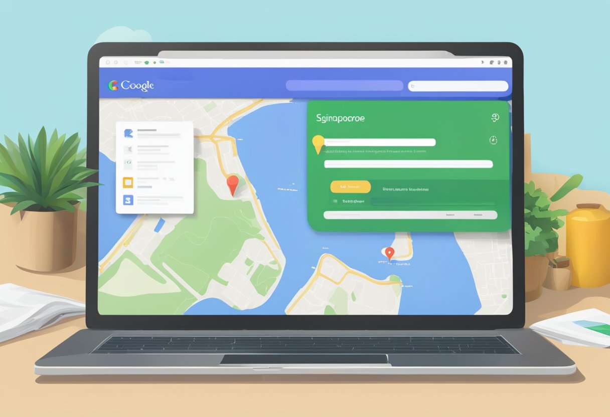 A laptop displaying the Google Earth homepage with a prominent search bar and the words "Frequently Asked Questions" related to Singapore