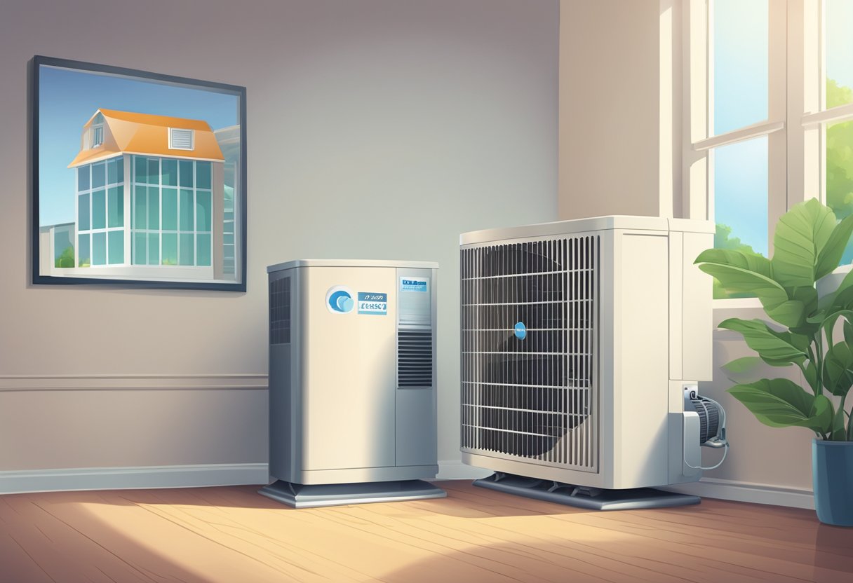 An air conditioning unit with a "Frequently Asked Questions" sign in front, surrounded by a clean and modern office or home setting