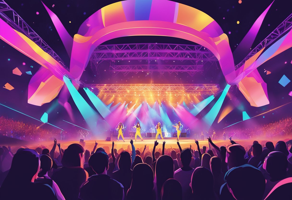 Colorful stage with vibrant lights, energetic crowd, and dynamic performances by gidle in Singapore