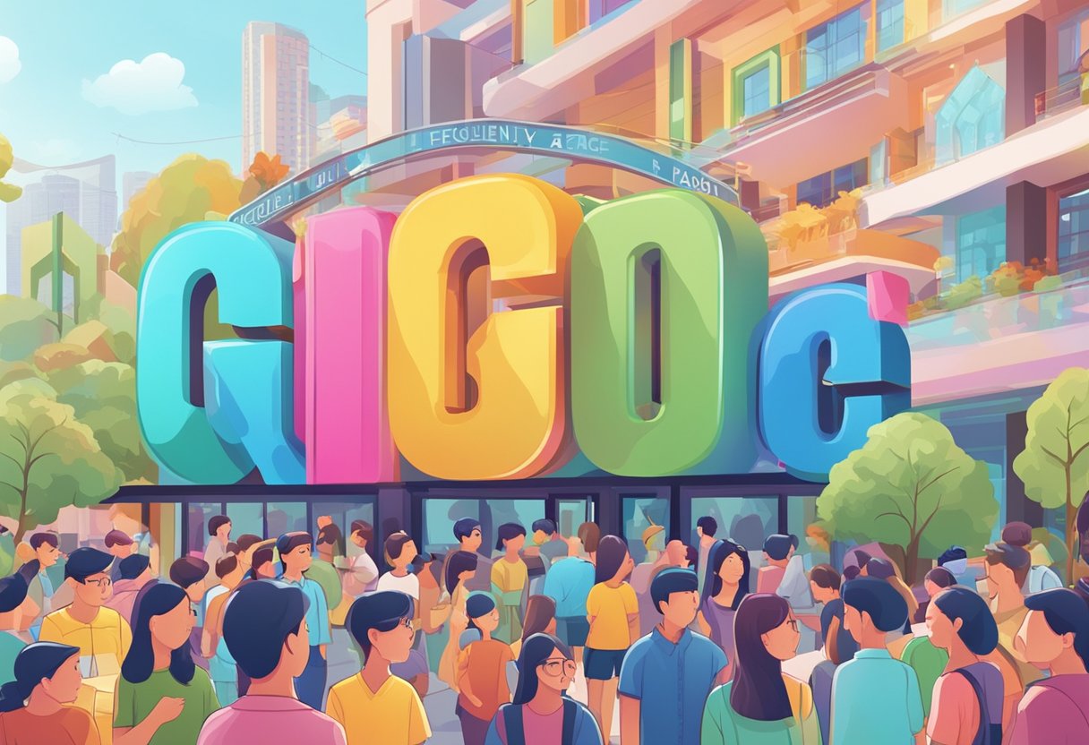A colorful sign with "Frequently Asked Questions" and "GIDLE Singapore" displayed prominently, surrounded by curious onlookers
