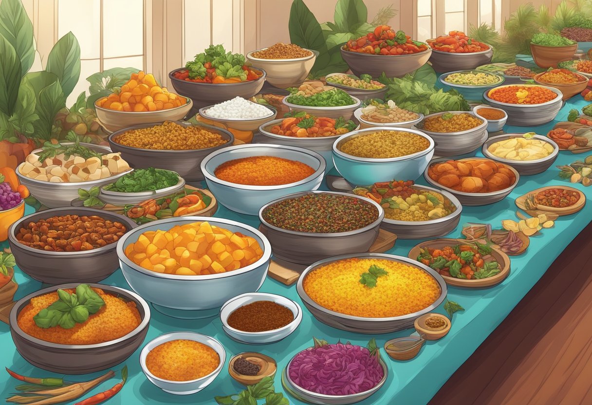 A colorful array of halal dishes spread out on a long buffet table, with vibrant spices and aromatic herbs creating an inviting display
