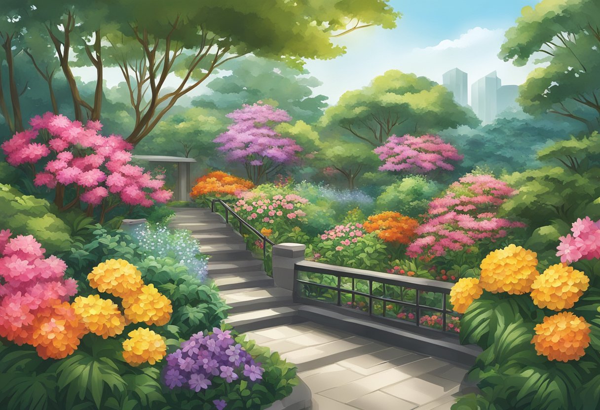 A vibrant display of colorful flowers and lush greenery at Konjiki Hototogisu Singapore