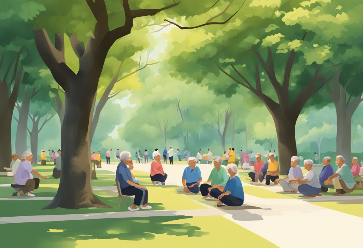 Elderly Singaporeans gather in a vibrant park, chatting and practicing tai chi under the shade of lush trees