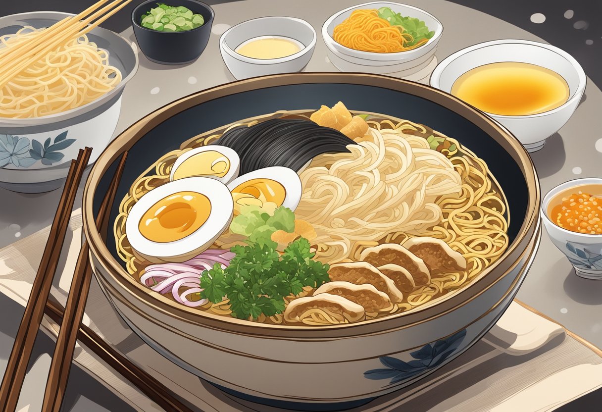 A steaming bowl of Konjiki Hototogisu ramen, adorned with rich, golden broth and delicate, perfectly cooked noodles, surrounded by fragrant toppings and condiments