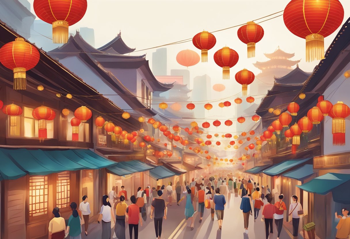 Colorful lanterns hang above bustling streets, adorned with traditional red and gold decorations. The air is filled with the sound of drums and laughter, as people gather to celebrate Chinese New Year in Singapore