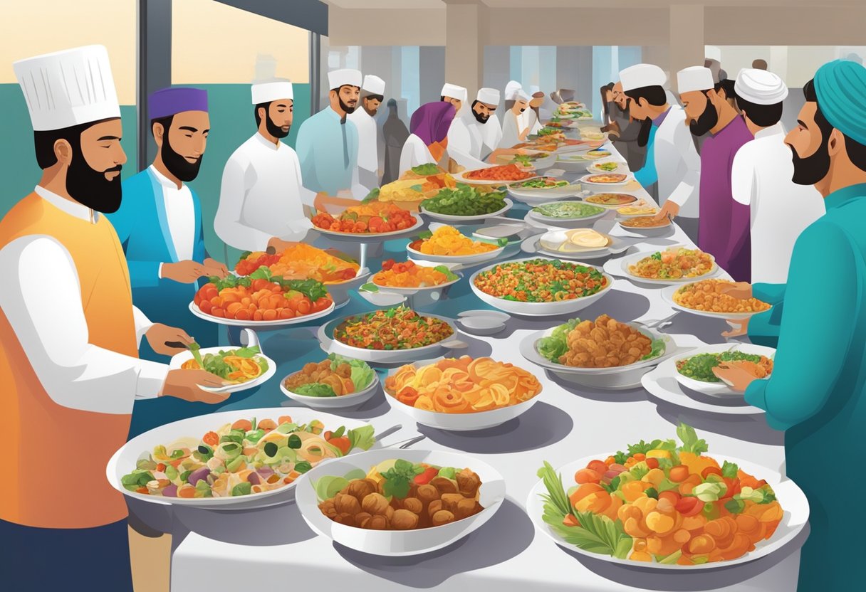 Guests selecting from a variety of halal dishes at a buffet spread, with colorful and appetizing food displayed on elegant serving trays