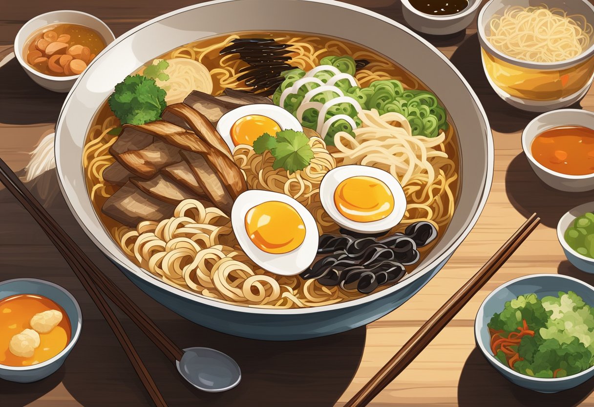 A steaming bowl of ramen sits on a wooden table, surrounded by colorful condiments and utensils. The rich broth and perfectly cooked noodles glisten under the warm lighting