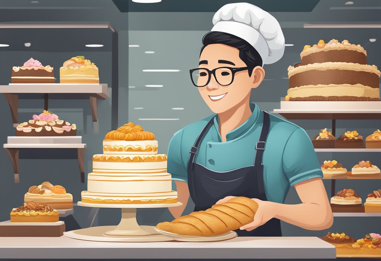 A baker decorates a customised cake in a Singaporean bakery
