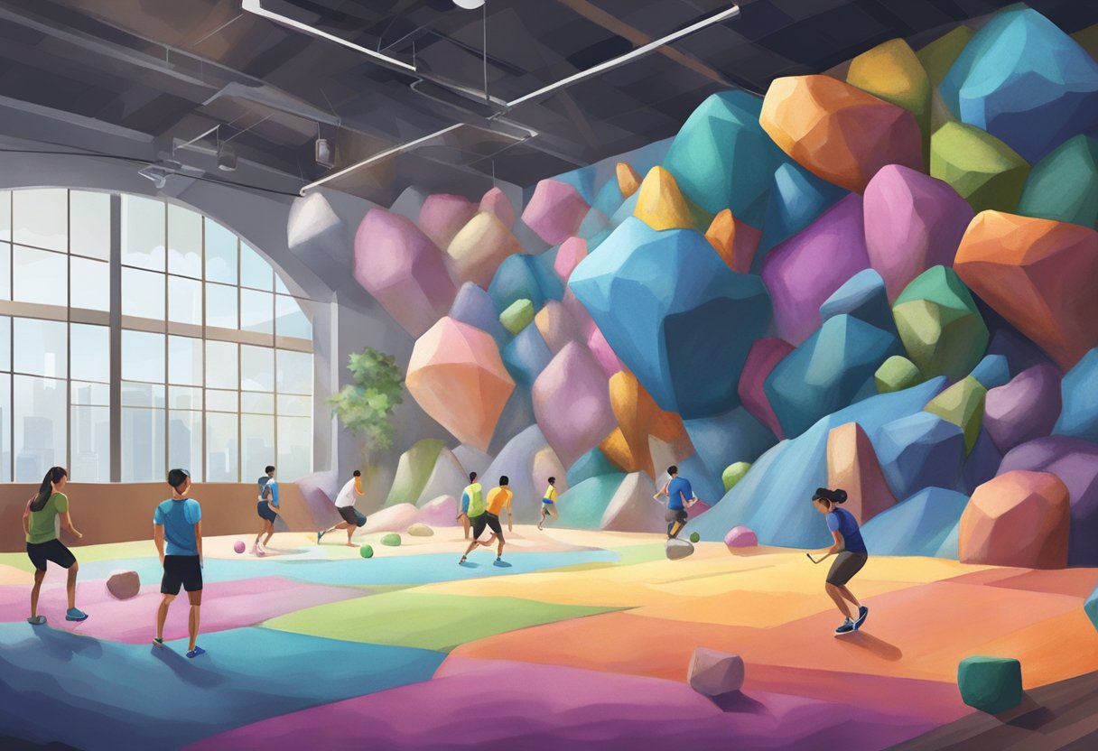 Climbers scale colorful boulders at a bustling indoor gym in Singapore. Chalk dust fills the air as they navigate challenging routes