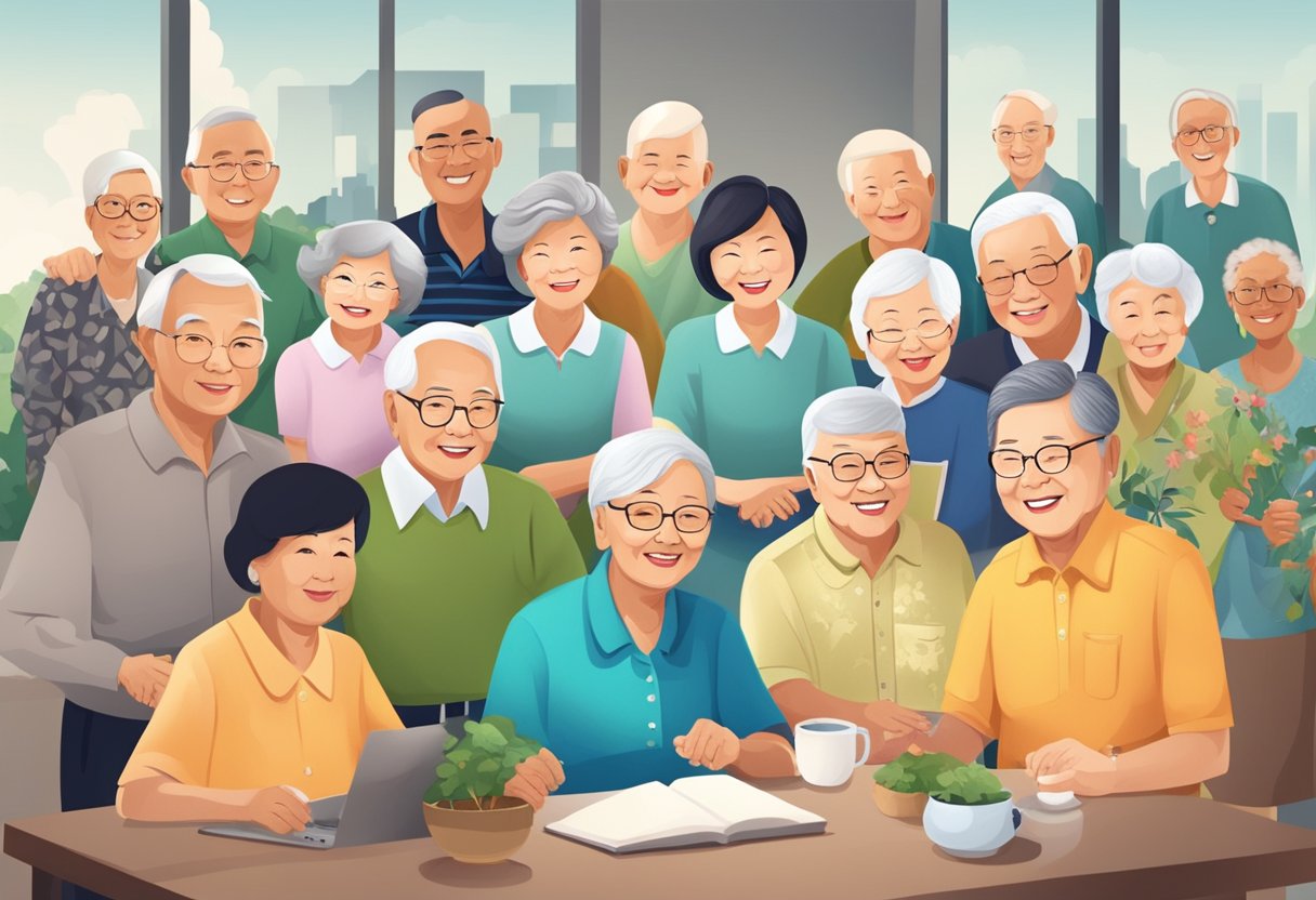 A diverse group of elderly individuals engaging in various activities, representing the multicultural and vibrant elderly population of Singapore