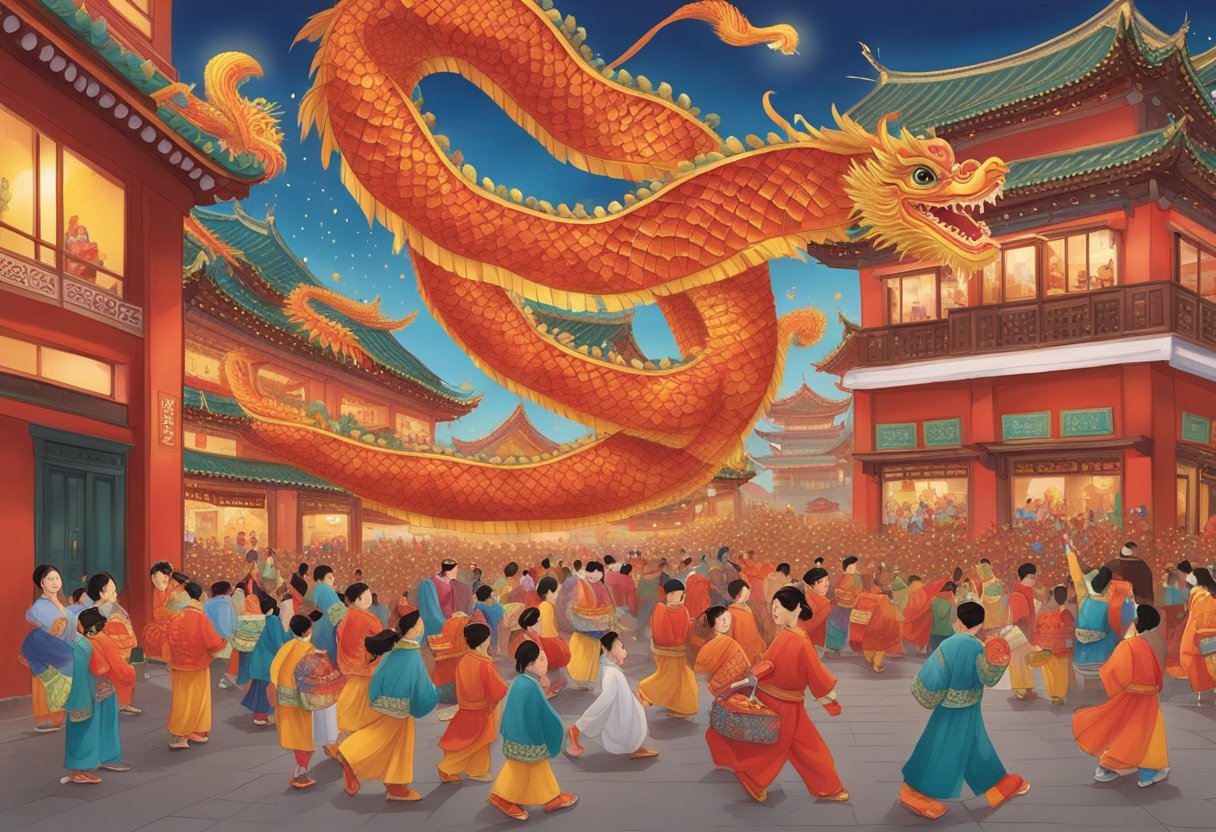A vibrant parade fills the streets, with dragon dancers, lanterns, and fireworks. Red and gold decorations adorn buildings, while families gather for feasts and exchange lucky red envelopes