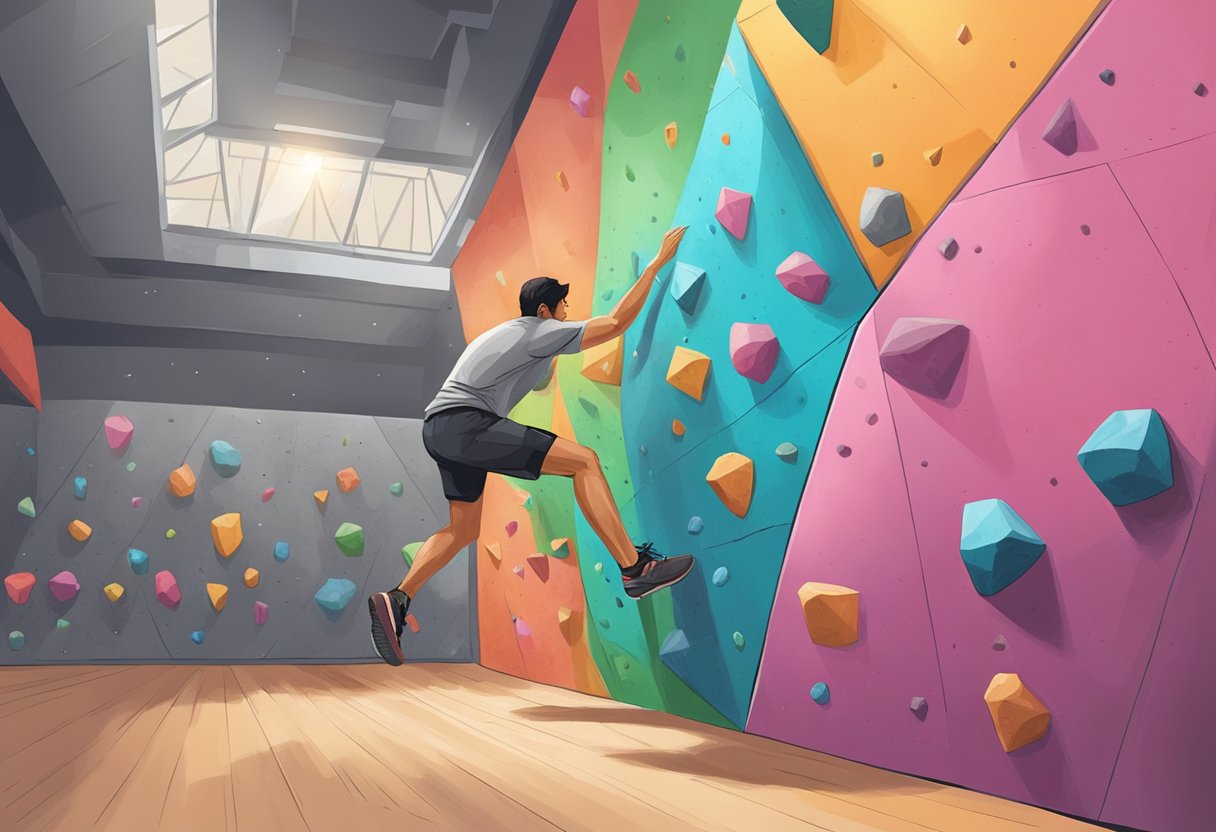 A climber chalks their hands and studies the bouldering wall, marked with colorful holds, in a bustling indoor gym in Singapore
