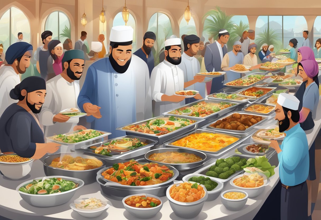 A long buffet table filled with a variety of halal dishes, surrounded by people serving themselves and chatting